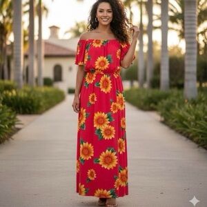 Seven Islands Floral Flutter Sleeve Maxi Dress Pink Yellow Stretchy Women Large